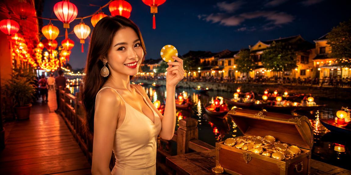 Người dùng theo dõi cược thể thao ban đêm tại Hội An dưới ánh đèn lồng